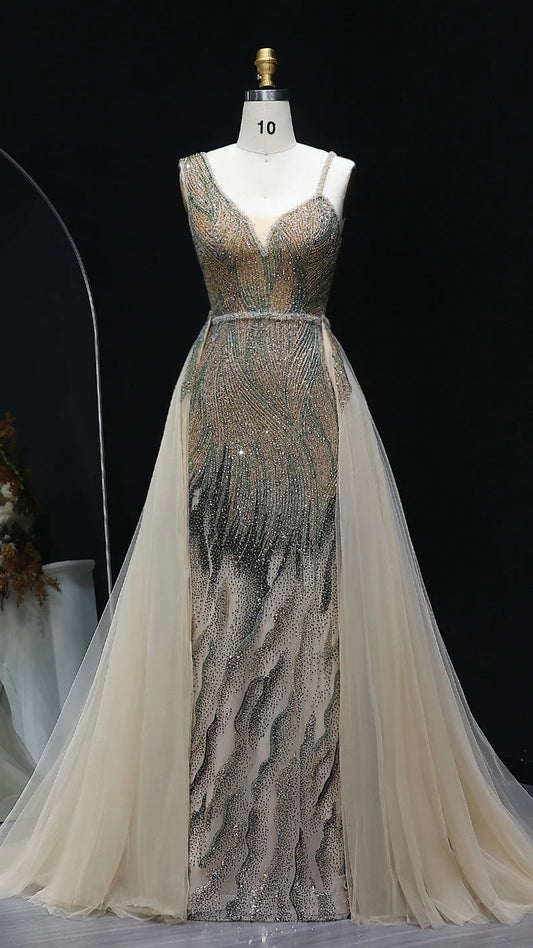 Luxury Dusty Pink Champagne Evening Dresses with Overskirt