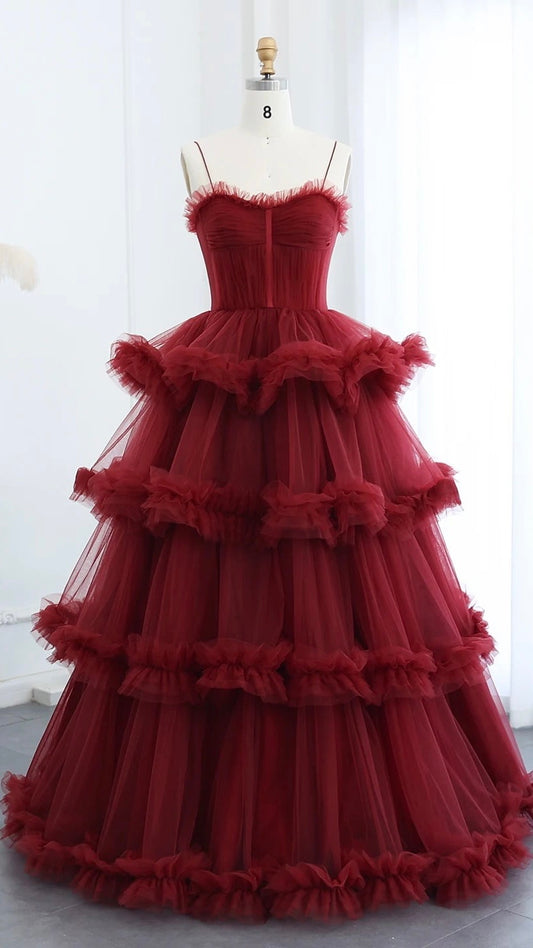 Burgundy Tulle Tiered Ruffles Evening Dress with Gloves