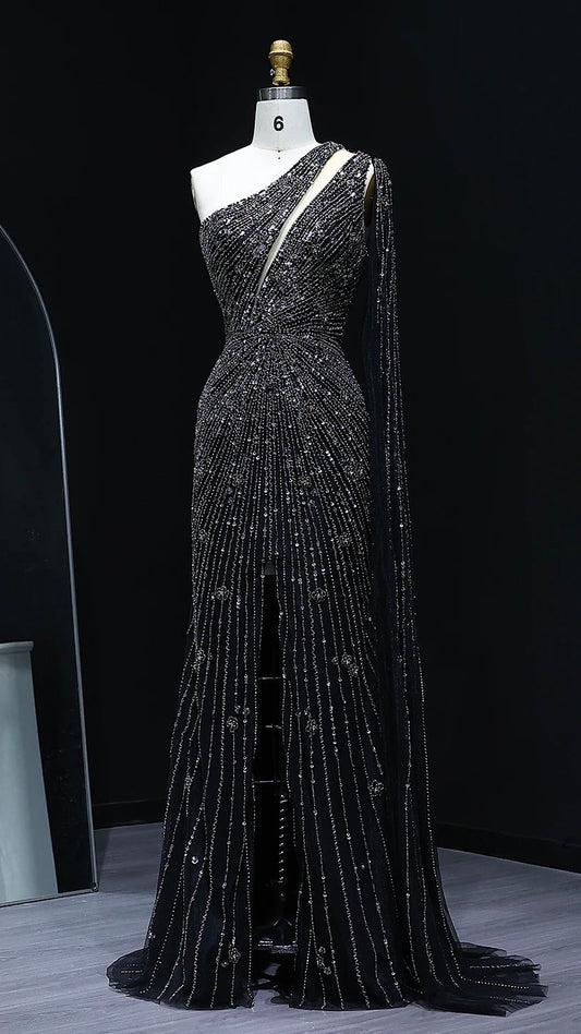Radiant One-Shoulder Beaded Evening Gown – Elegant Slit Formal Dress