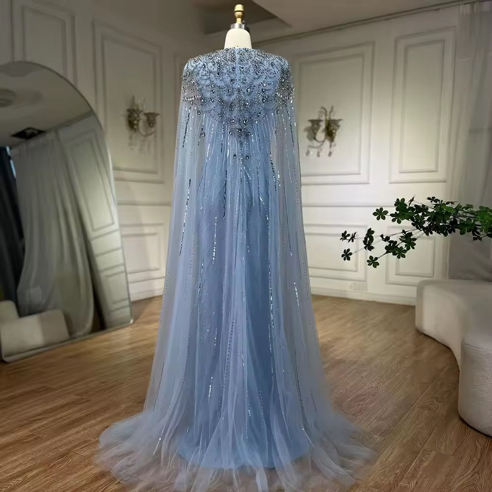 Elegant Fitted Gown with Beaded Details and Dramatic Cape