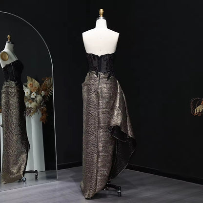 Strapless Sequin Evening Dress with Knot Black
