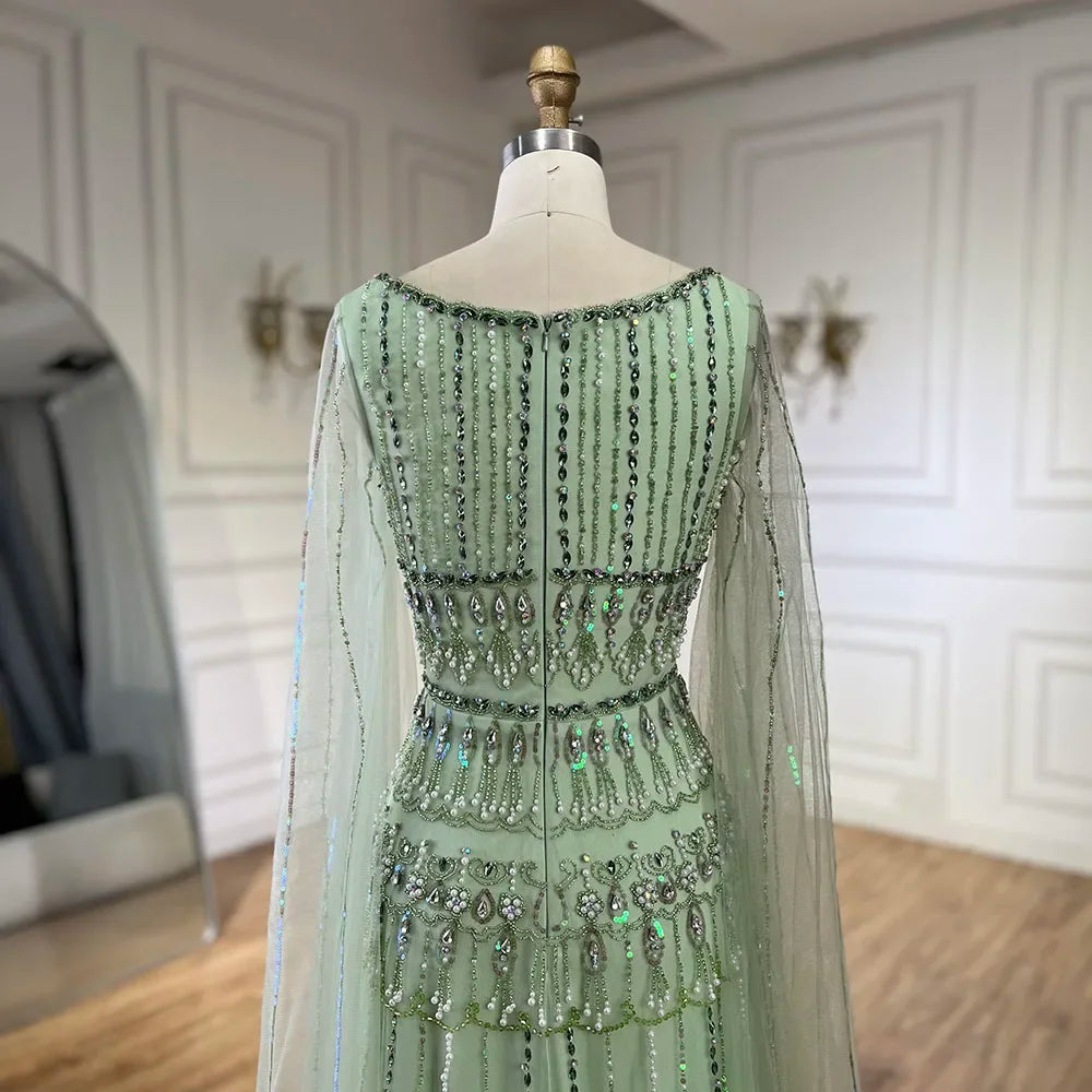 Sage Green A-Line Beaded Luxury Evening Dress