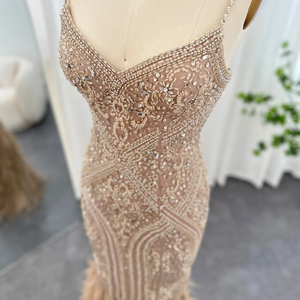 Luxury Feathers Champagne Evening Dress