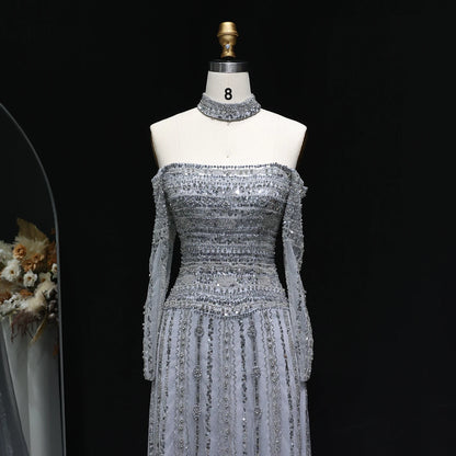 Heavy Beaded Elegant Off Shoulder Evening Dress with Choker Long Sleeves