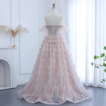 Crystal Princess Ball Gown Blush Pink Ruffles Evening Dress