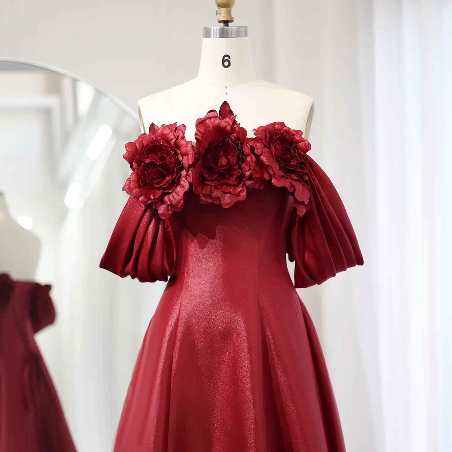 Elegant Burgundy Satin Off Shoulder Evening Dress with 3D Flowers