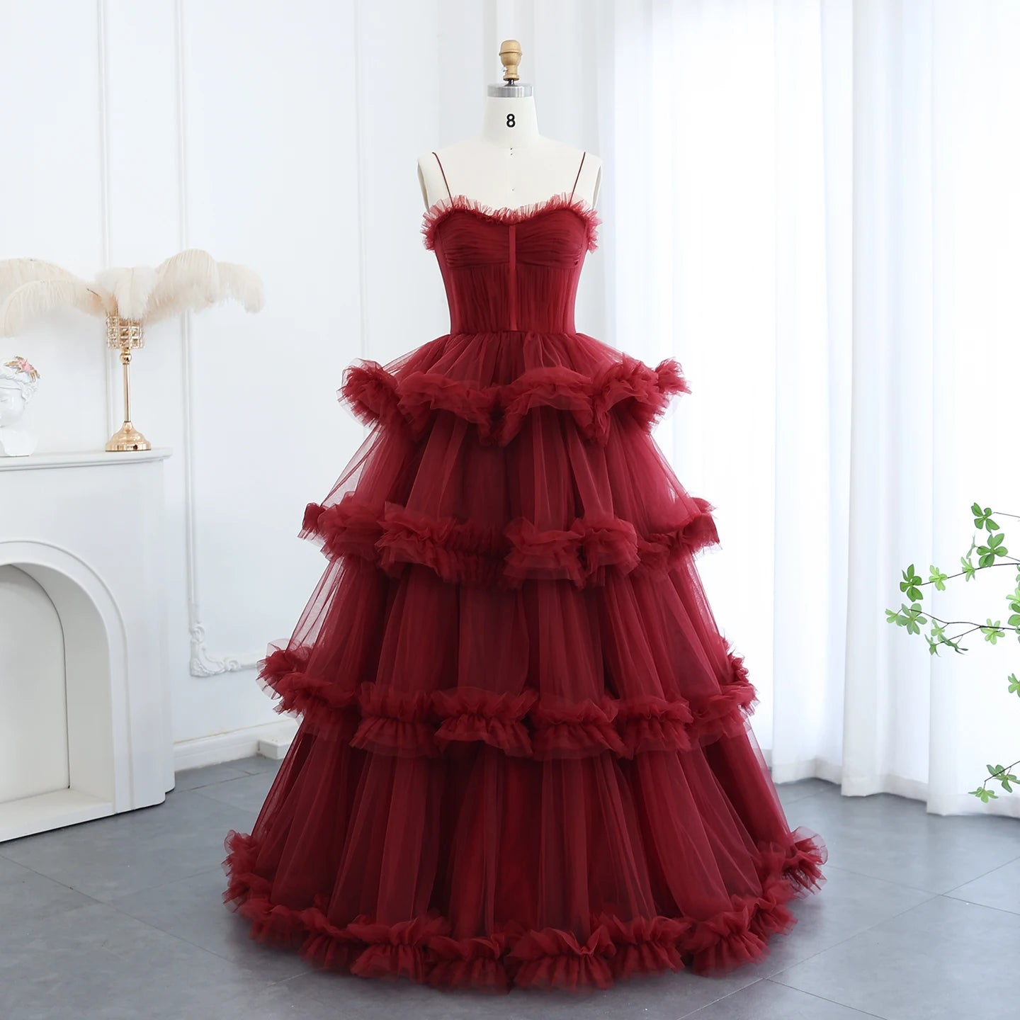 Burgundy Tulle Tiered Ruffles Evening Dress with Gloves