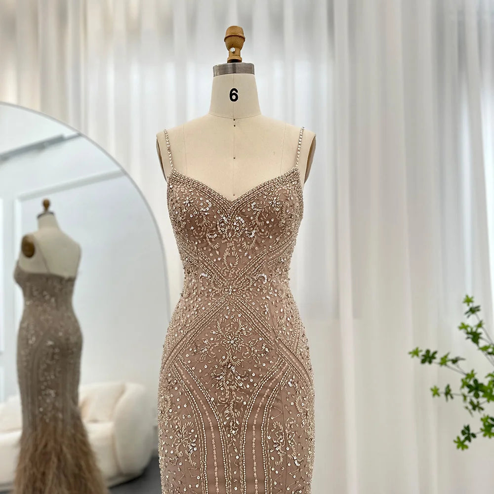 Luxury Feathers Champagne Evening Dress