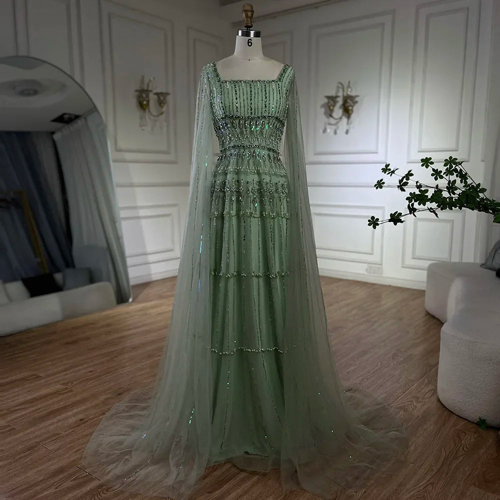 Sage Green A-Line Beaded Luxury Evening Dress