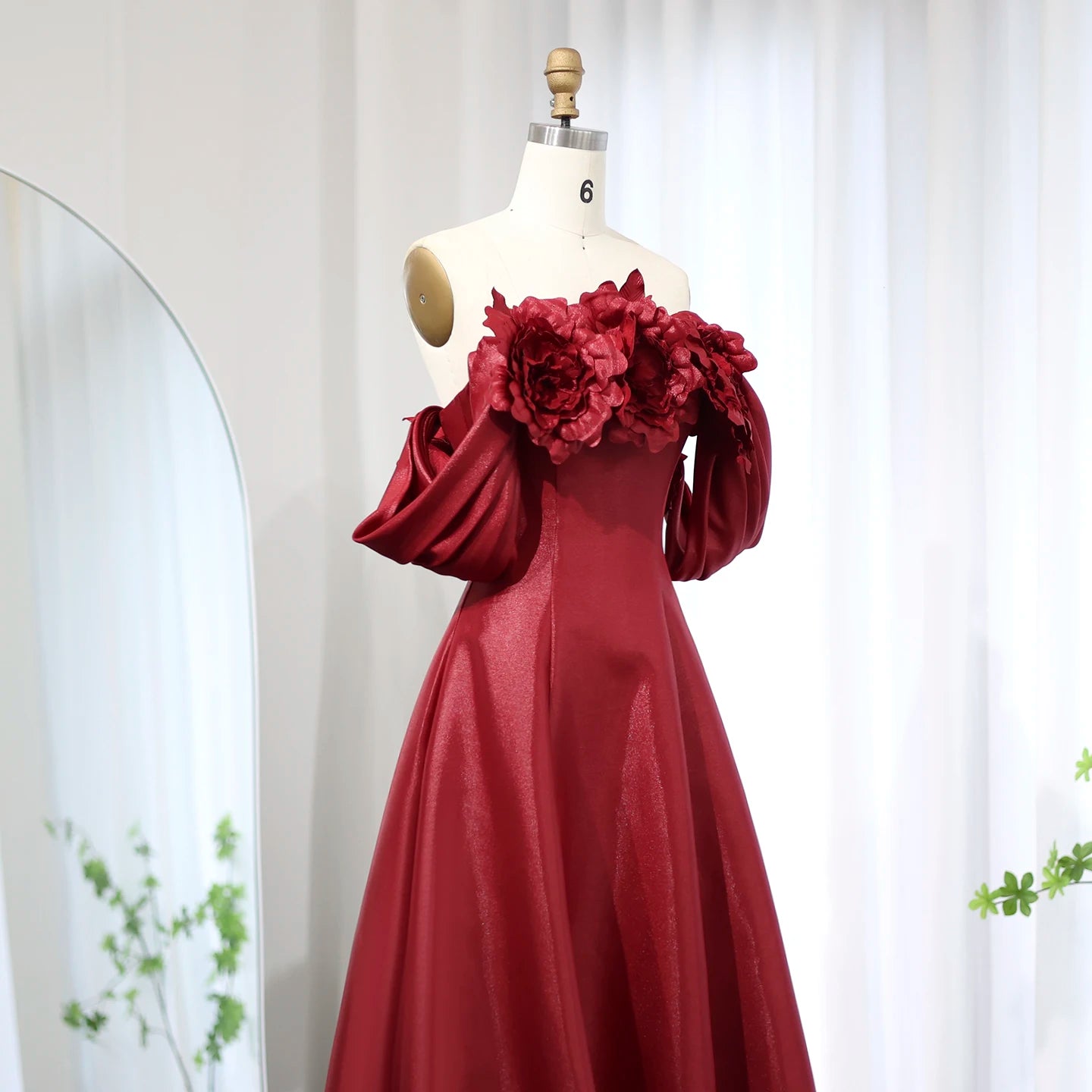 Elegant Burgundy Satin Off Shoulder Evening Dress with 3D Flowers