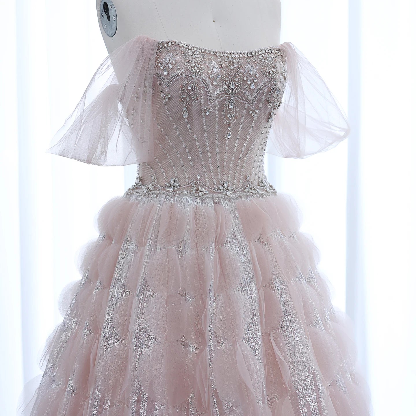 Crystal Princess Ball Gown Blush Pink Ruffles Evening Dress