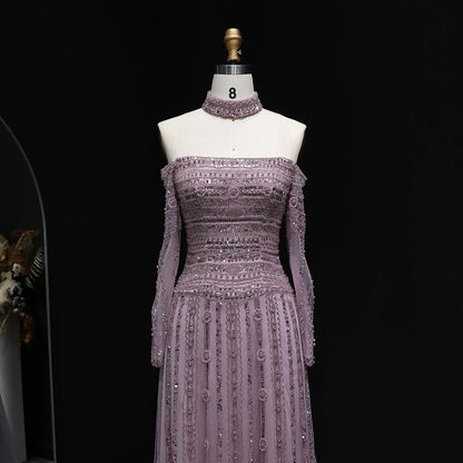 Heavy Beaded Elegant Off Shoulder Evening Dress with Choker Long Sleeves