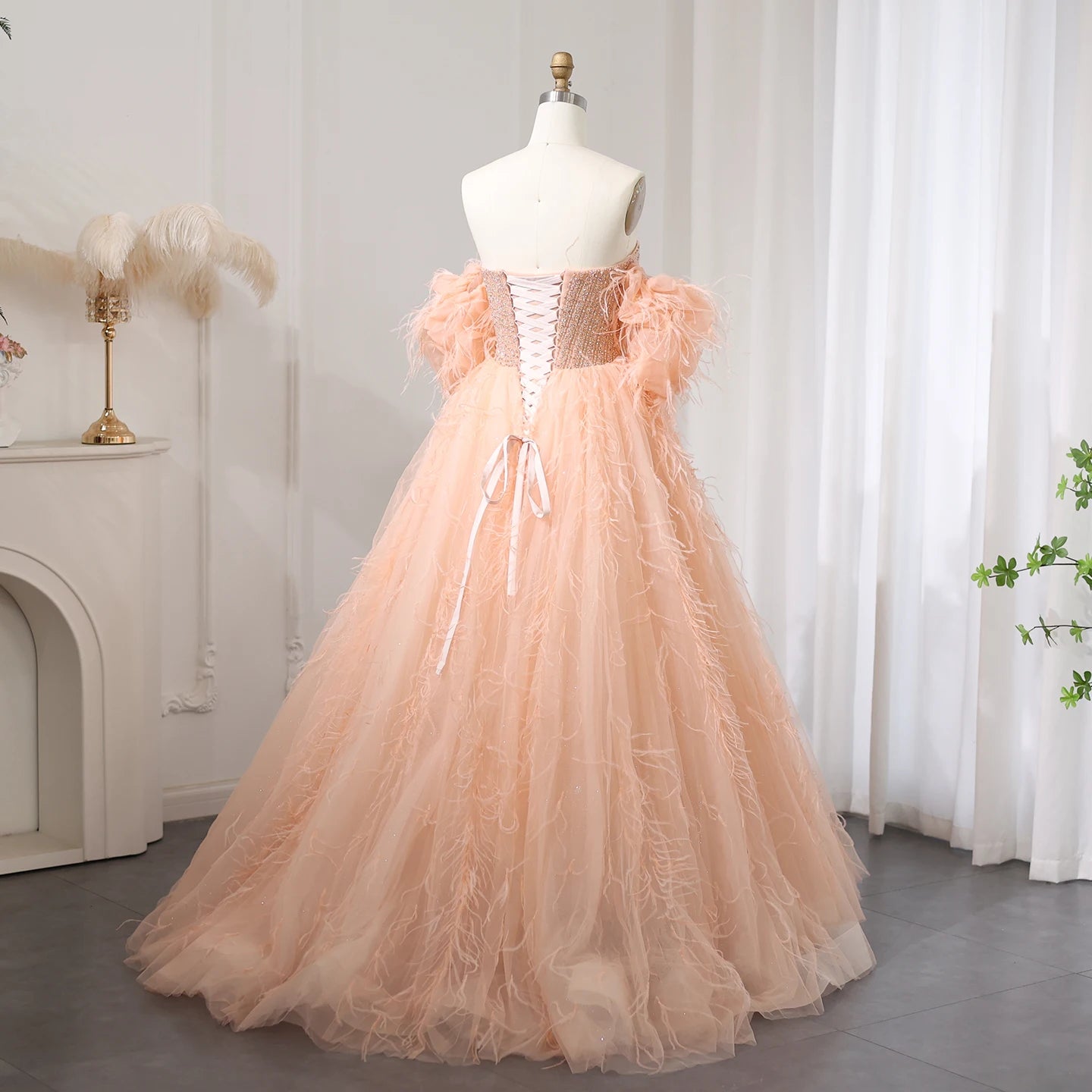 Luxury Feathers Ball Gown Coral Pink Evening Dress