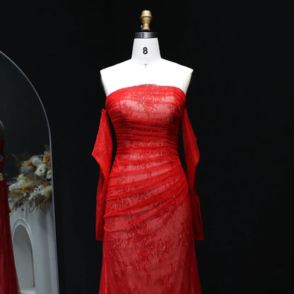 Elegant Red Strapless Lace Evening Dress with Gloves