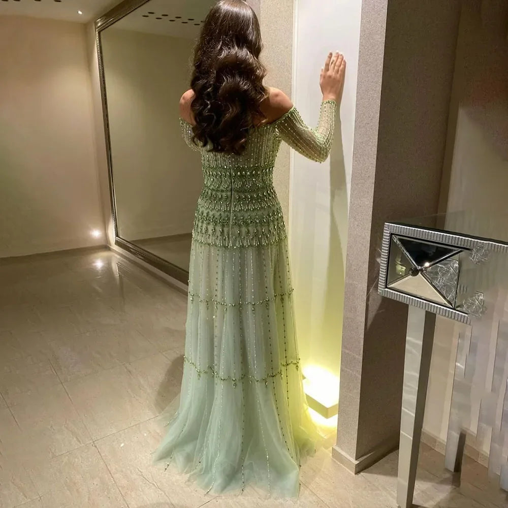 Luxury Beaded Sage Green A-Line Evening Dress 2024 Off Shoulder Elegant