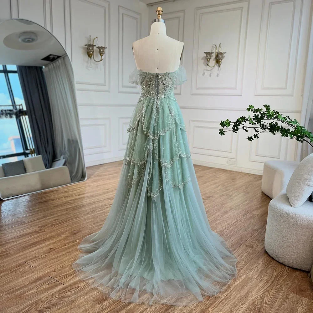 Sage Green A-Line Elegant Spaghetti Strap Luxury Beaded Evening Dress