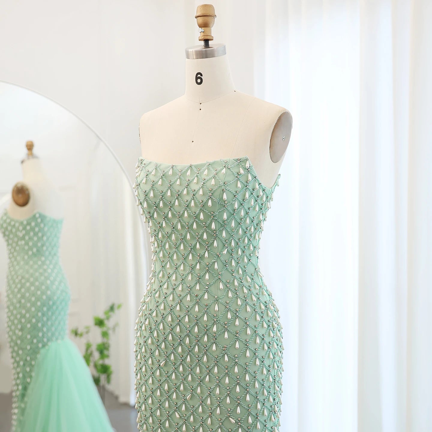 Luxury Crystal Pearls Mermaid Sage Green Evening Dress