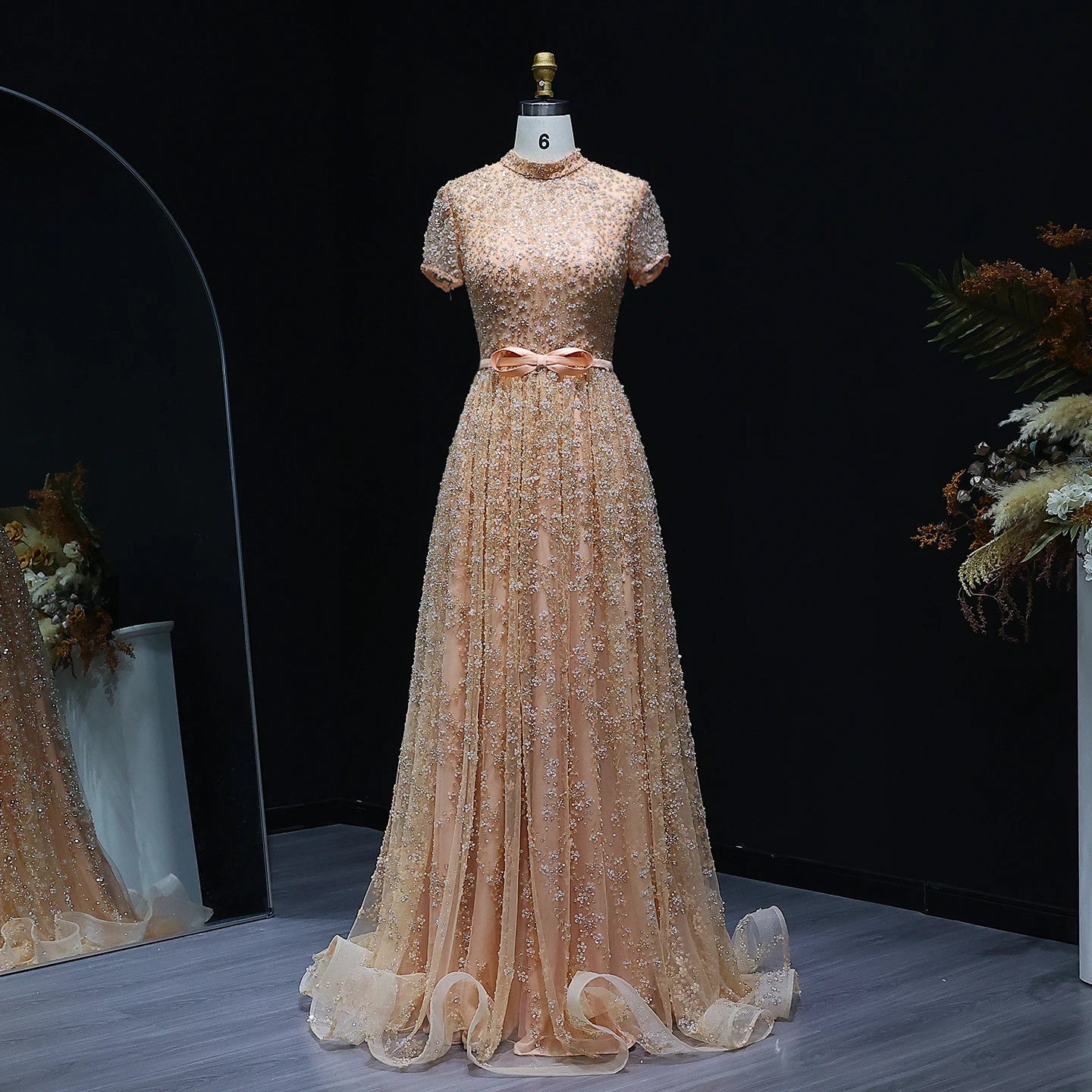 Elegant Embroidered Peach Evening Gown with Bow Luxury Beaded Dress