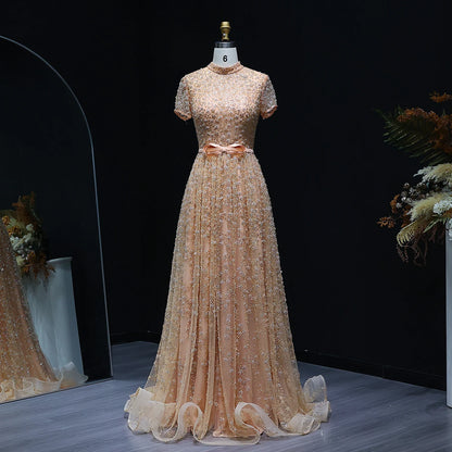 Elegant Embroidered Peach Evening Gown with Bow Luxury Beaded Dress