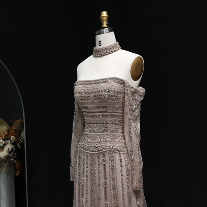 Heavy Beaded Elegant Off Shoulder Evening Dress with Choker Long Sleeves