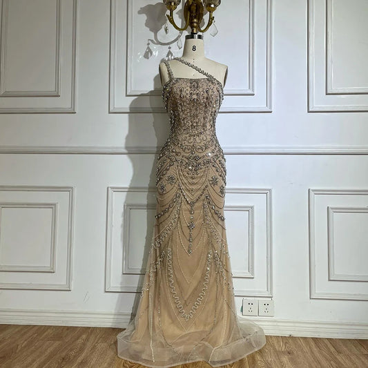 Elegant Nude One Shoulder Beaded Evening Dresses Gowns for Formal Occasion 2024   Customized