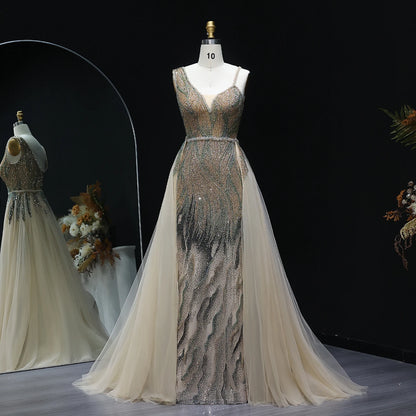 Luxury Dusty Pink Champagne Evening Dresses with Overskirt