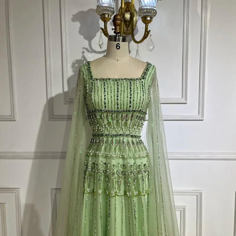 Sage Green A-Line Beaded Luxury Evening Dress