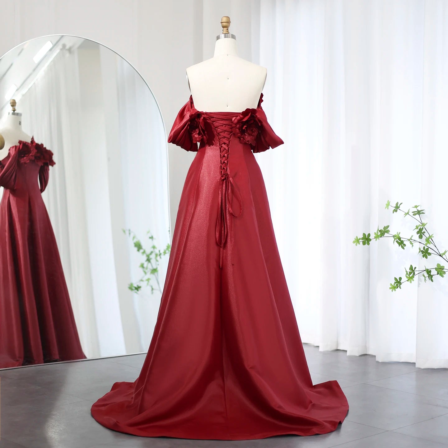 Elegant Burgundy Satin Off Shoulder Evening Dress with 3D Flowers