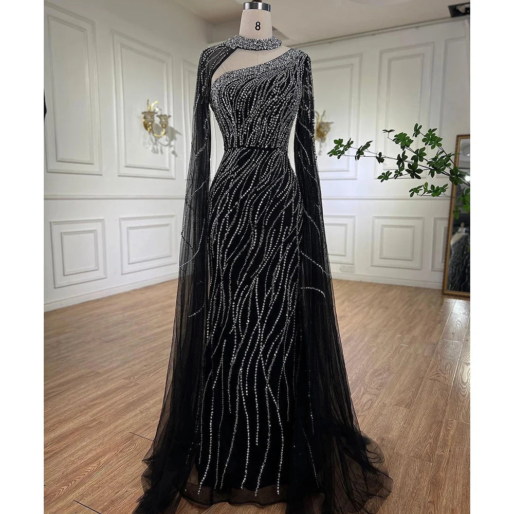 Black Mermaid Elegant Cape Sleeves Beaded Luxury Evening Dress