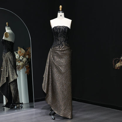 Strapless Sequin Evening Dress with Knot Black