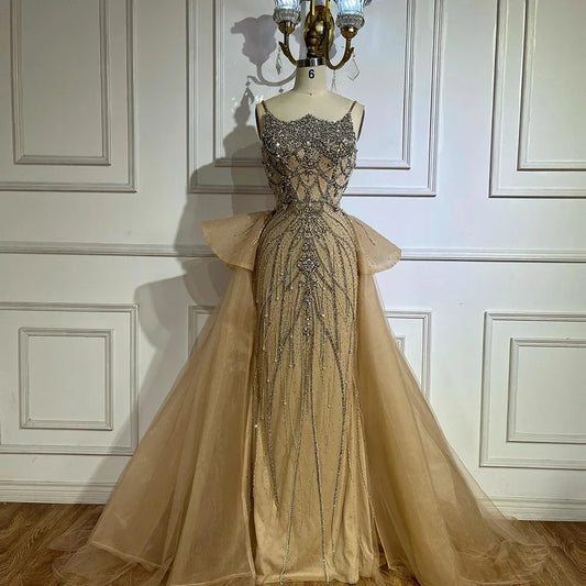 Customized 2025 Nude Saudi Beaded Spaghetti Strap Evening Dresses Gowns with Overskirt for Formal Occasion