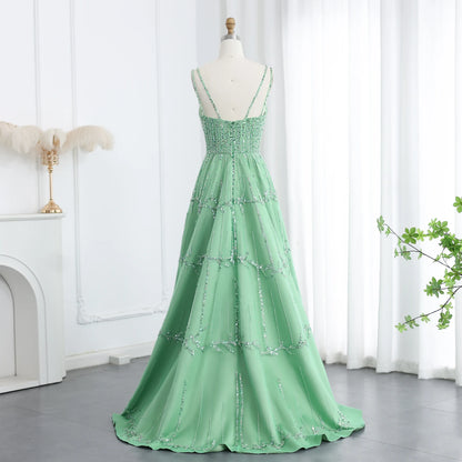 Luxury Dubai Beaded Green Evening Dress for Women Wedding Straps /Sqaure Engagement Party Dresses