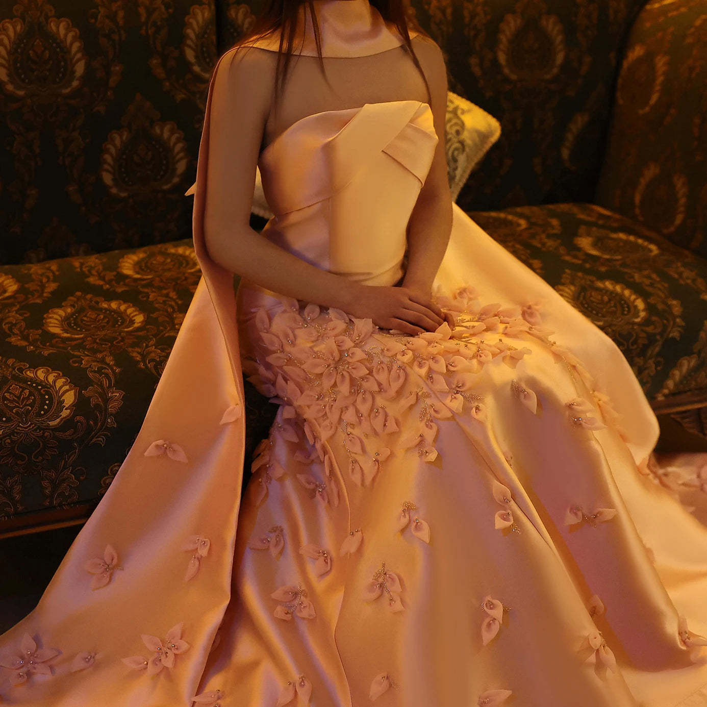 Luxury flowers 3D Pink Satin Evening Dress with Cape