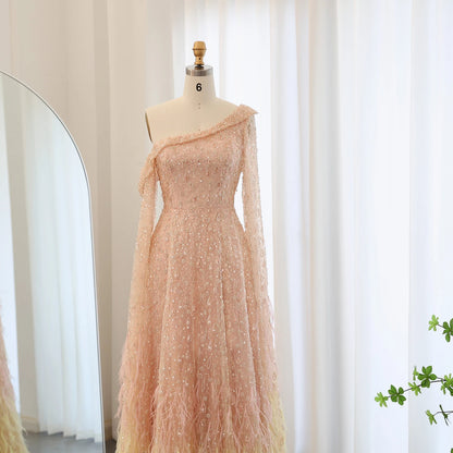 Luxury Feather One Shoulder Evening Dress with Cape Sleeve