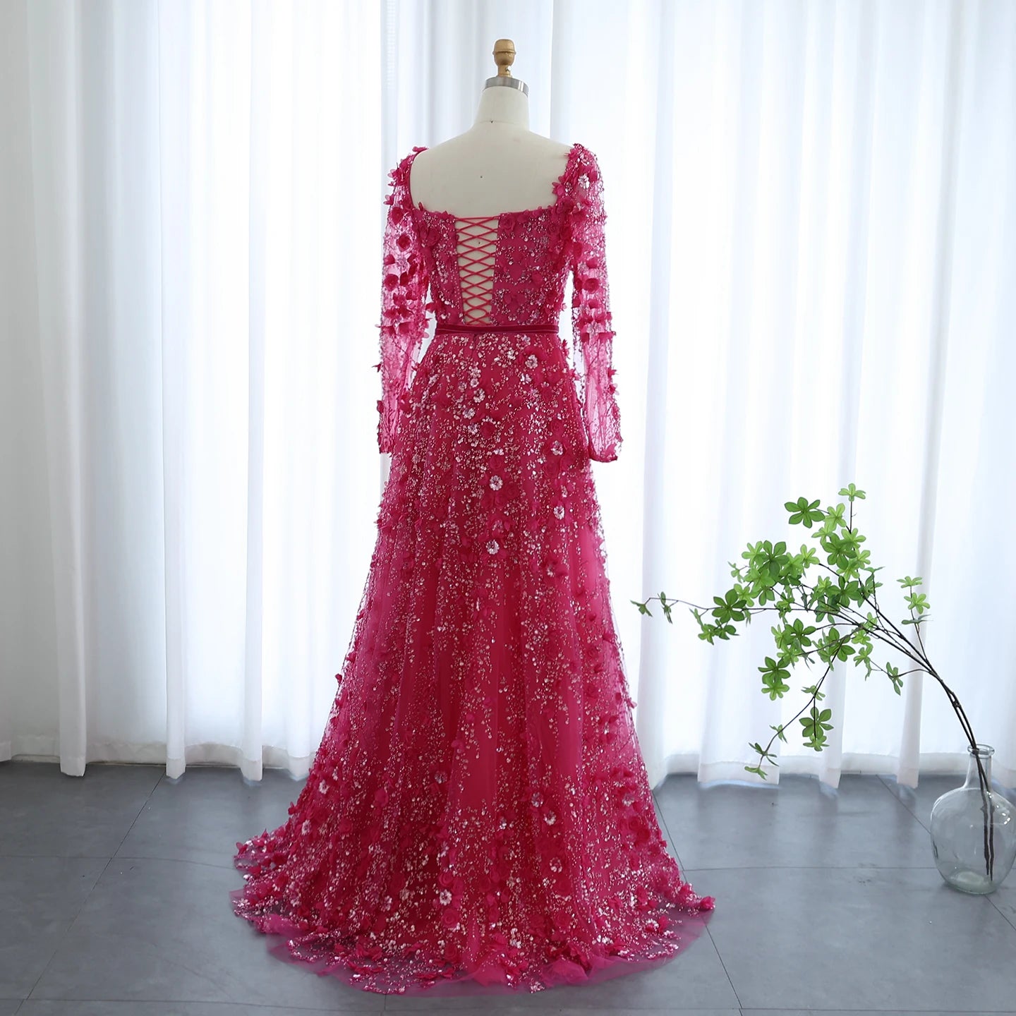 Luxury 3D Flower Long Sleeves Evening Dress