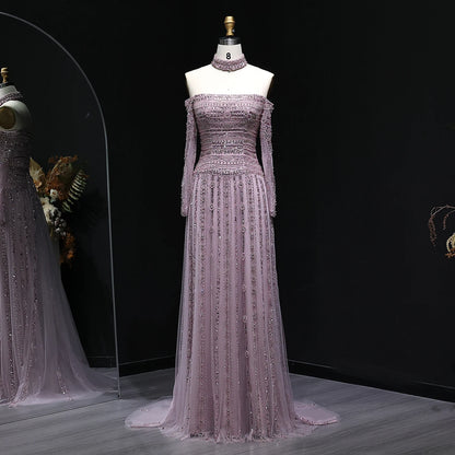 Heavy Beaded Elegant Off Shoulder Evening Dress with Choker Long Sleeves