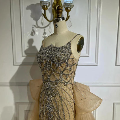 Customized 2025 Nude Saudi Beaded Spaghetti Strap Evening Dresses Gowns with Overskirt for Formal Occasion
