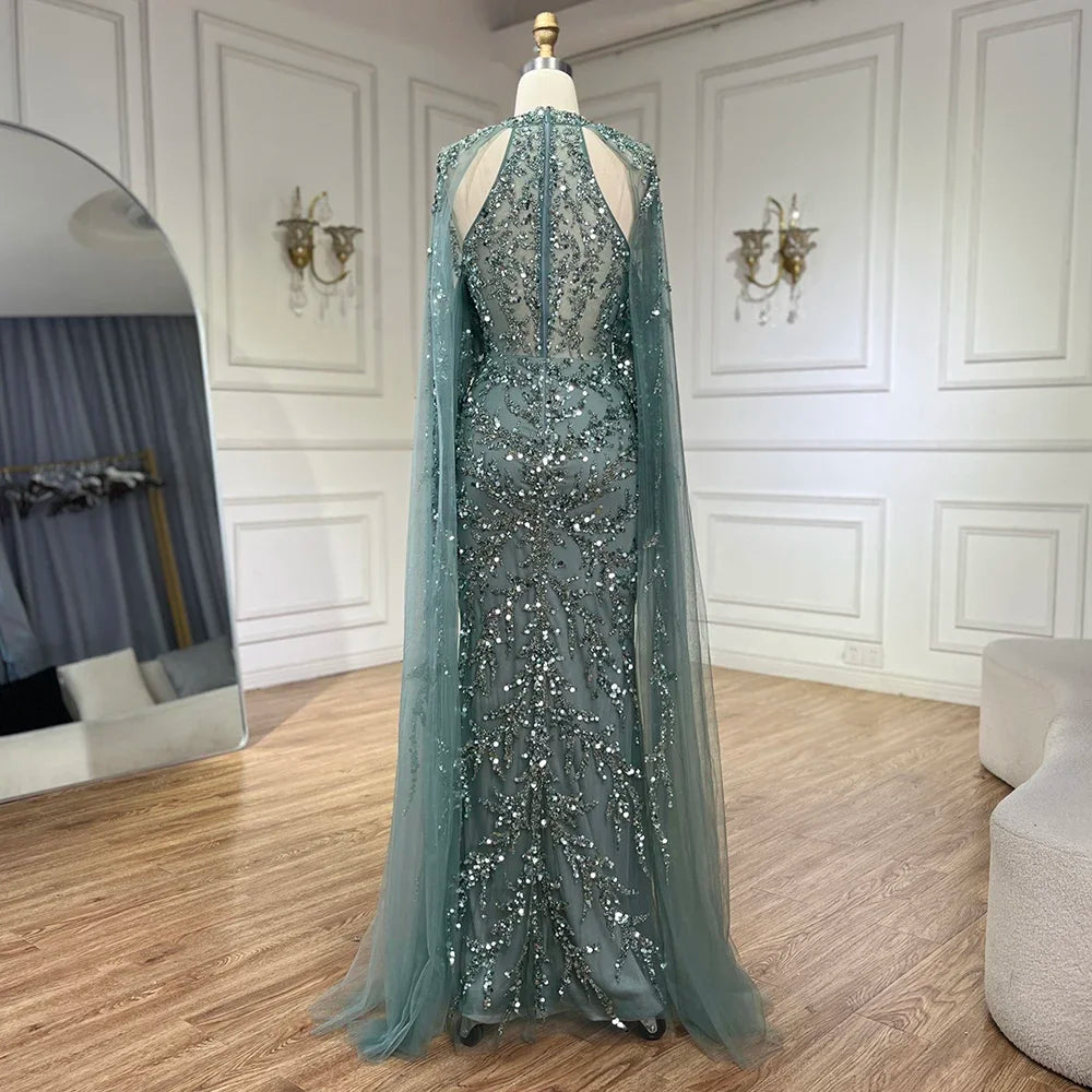 Turquoise Cape Sleeves Mermaid Beaded Luxury Evening Dress