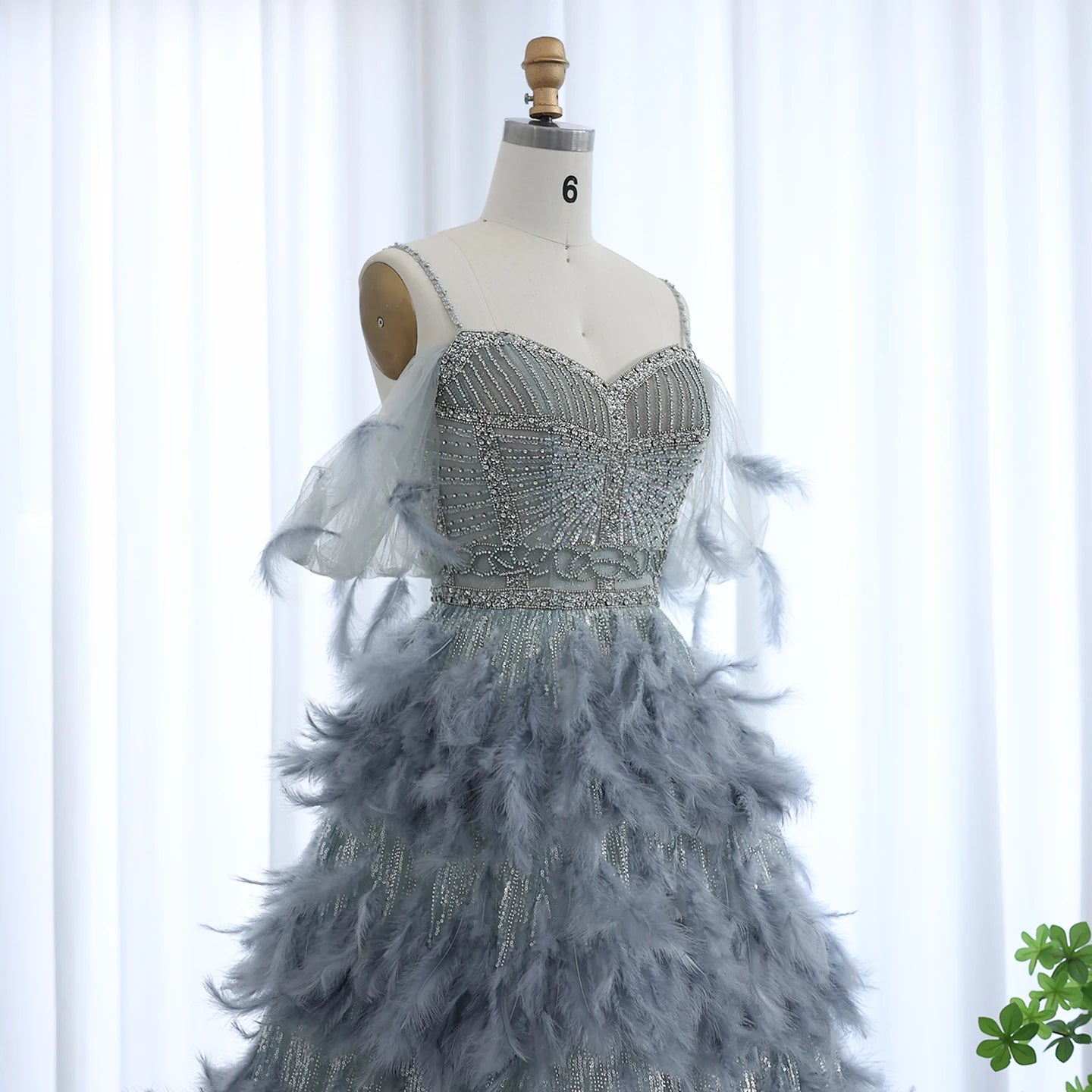 Luxury Silver Gray Crystal Feathers Evening Dress