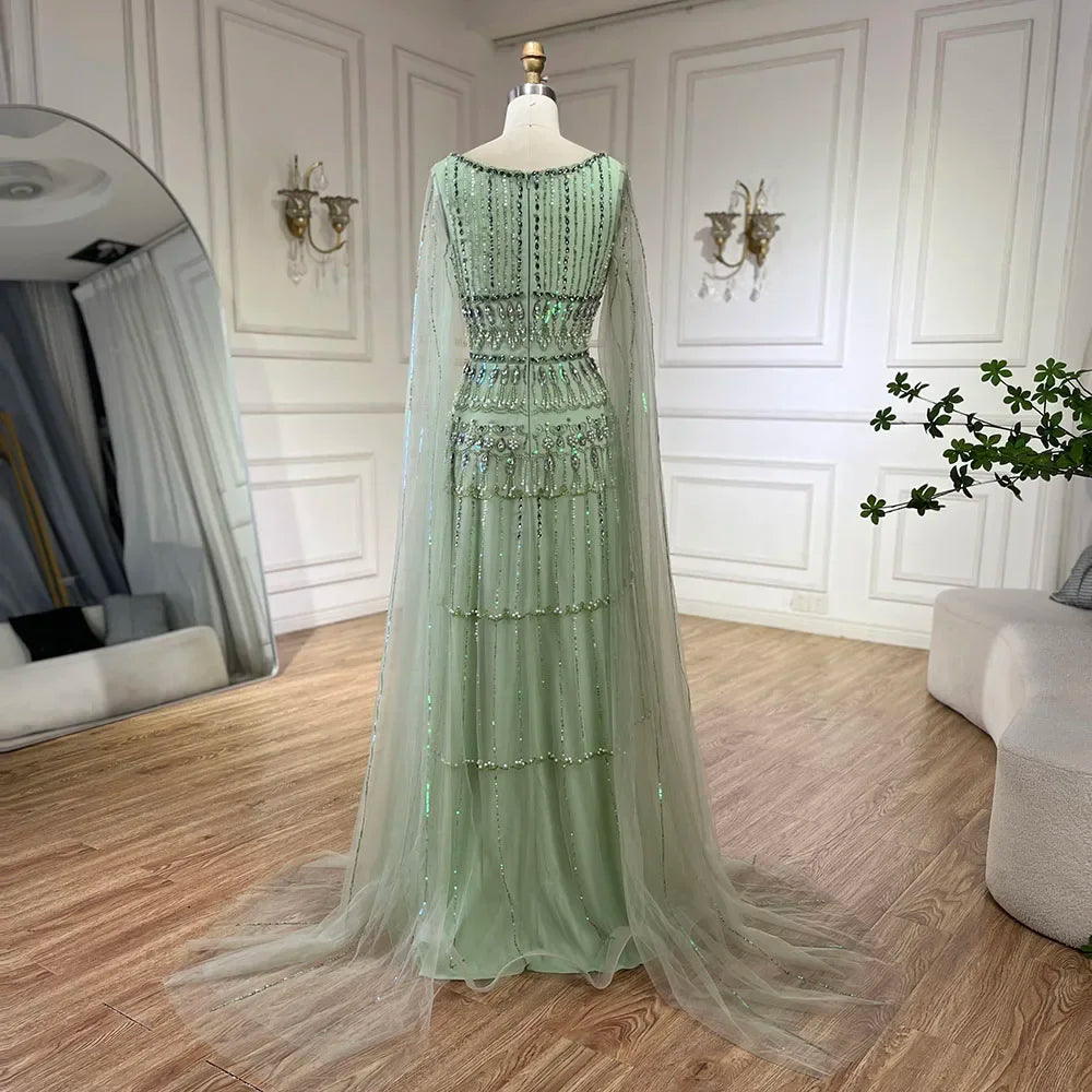 Sage Green A-Line Beaded Luxury Evening Dress