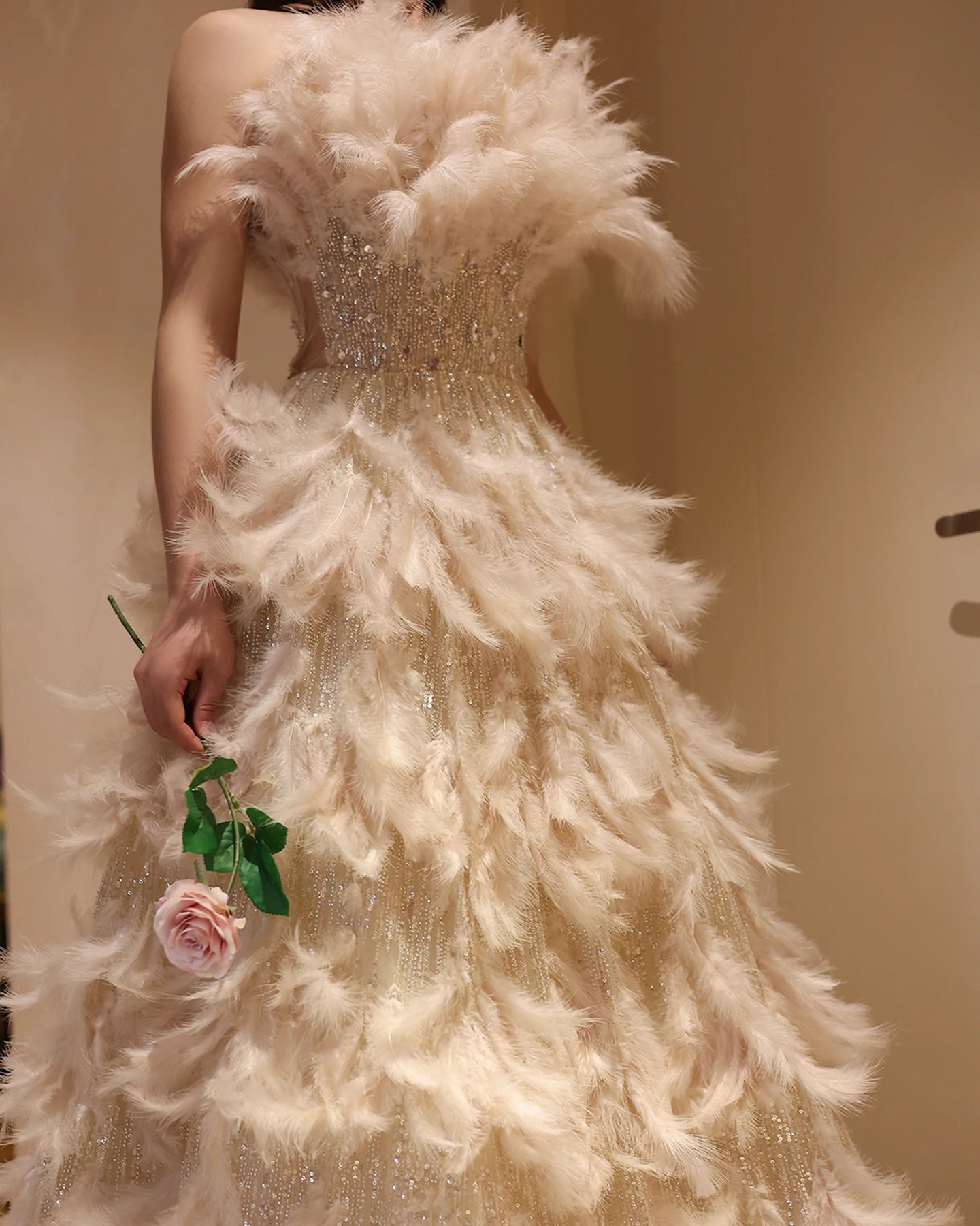 Luxury Feathers Princess Cream Evening Dress