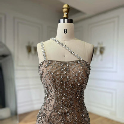 Elegant Nude One Shoulder Beaded Evening Dresses Gowns for Formal Occasion 2024   Customized