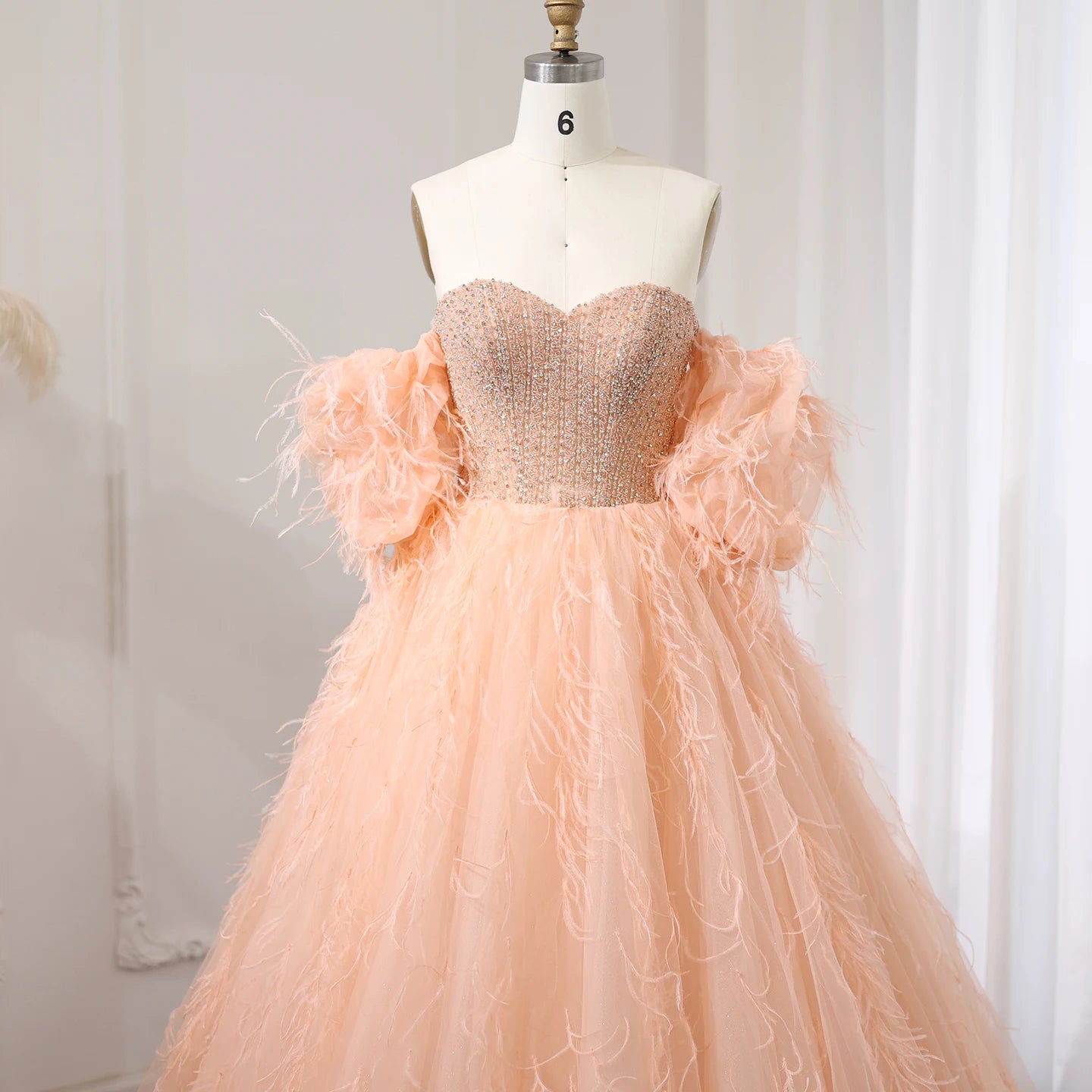 Luxury Feathers Ball Gown Coral Pink Evening Dress