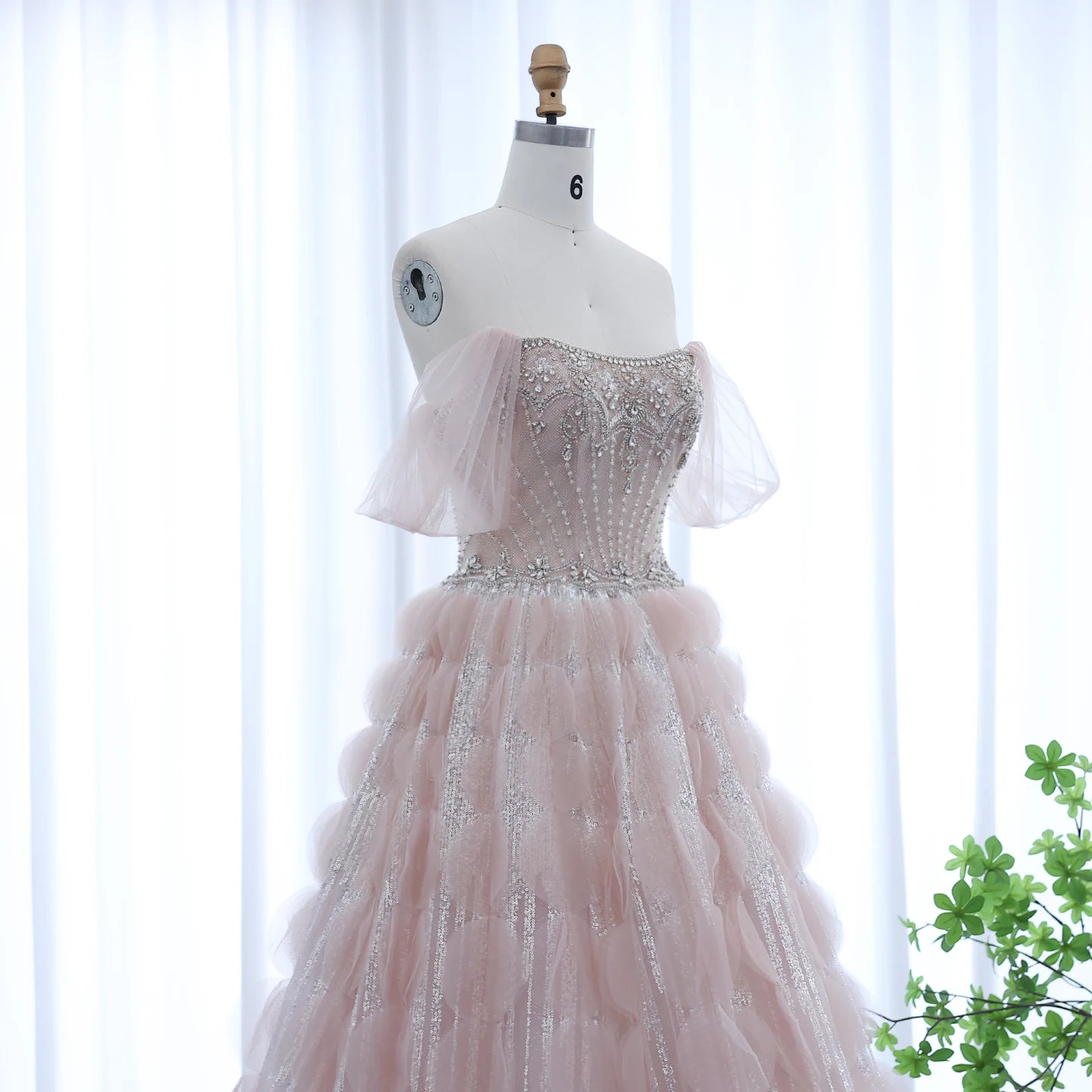 Crystal Princess Ball Gown Blush Pink Ruffles Evening Dress