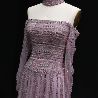Heavy Beaded Elegant Off Shoulder Evening Dress with Choker Long Sleeves