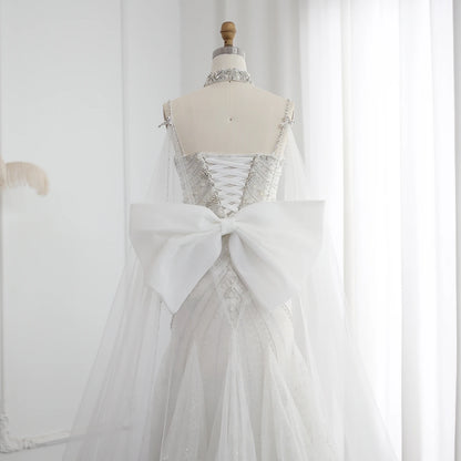 Luxury Crystal White Mermaid Wedding Dress with Cape Bow Spaghetti Straps Engagement Bridal Gowns