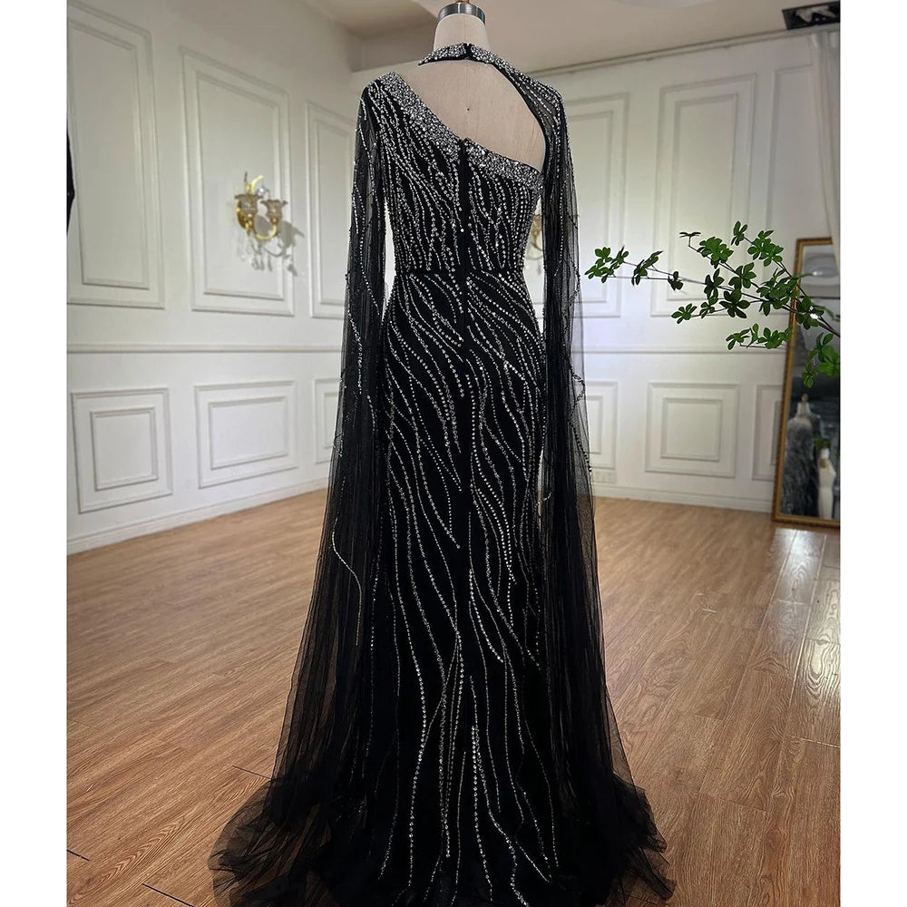 Black Mermaid Elegant Cape Sleeves Beaded Luxury Evening Dress