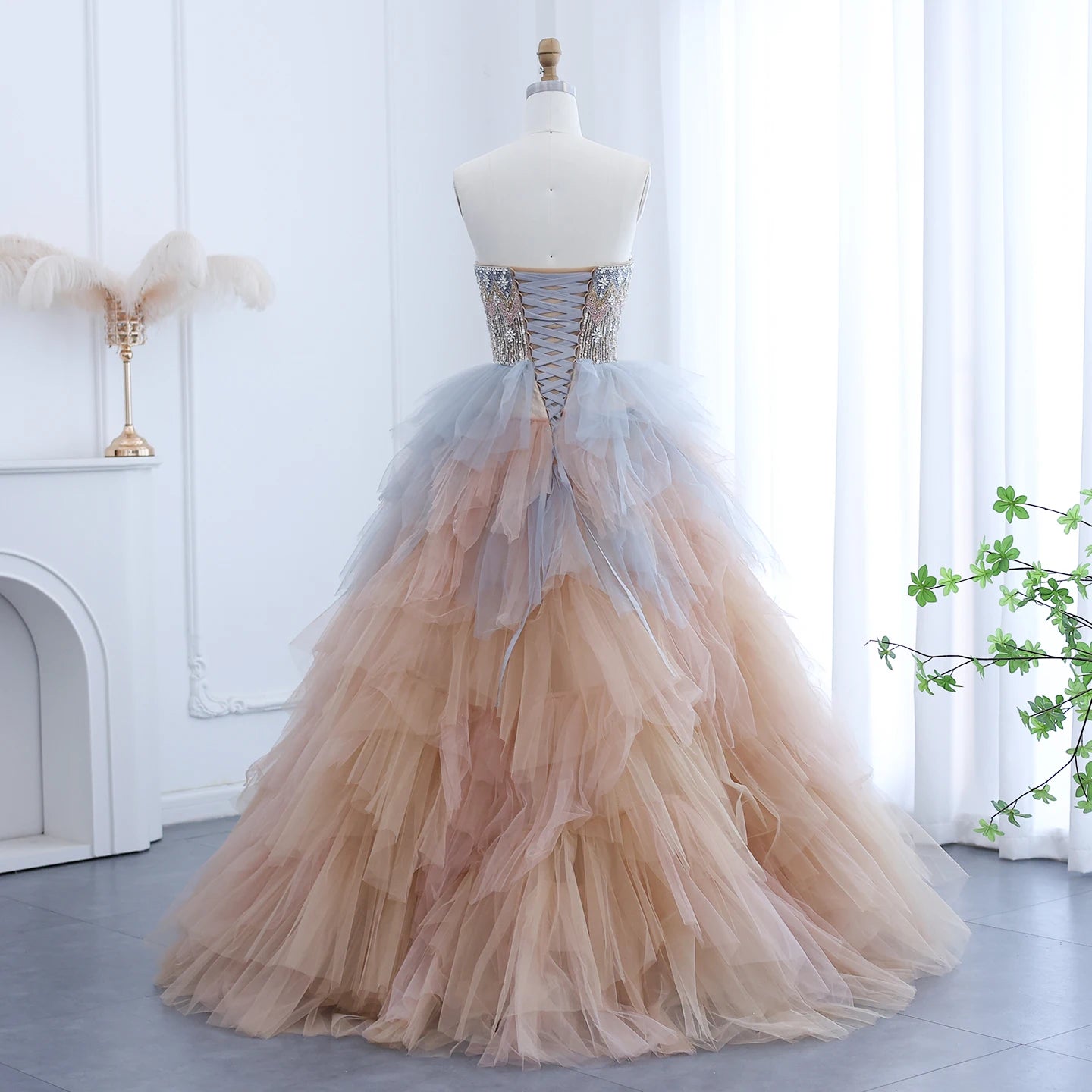 Rose Gold Blue Ruffles Princess Ball Gown Evening Dress