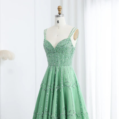 Luxury Dubai Beaded Green Evening Dress for Women Wedding Straps /Sqaure Engagement Party Dresses