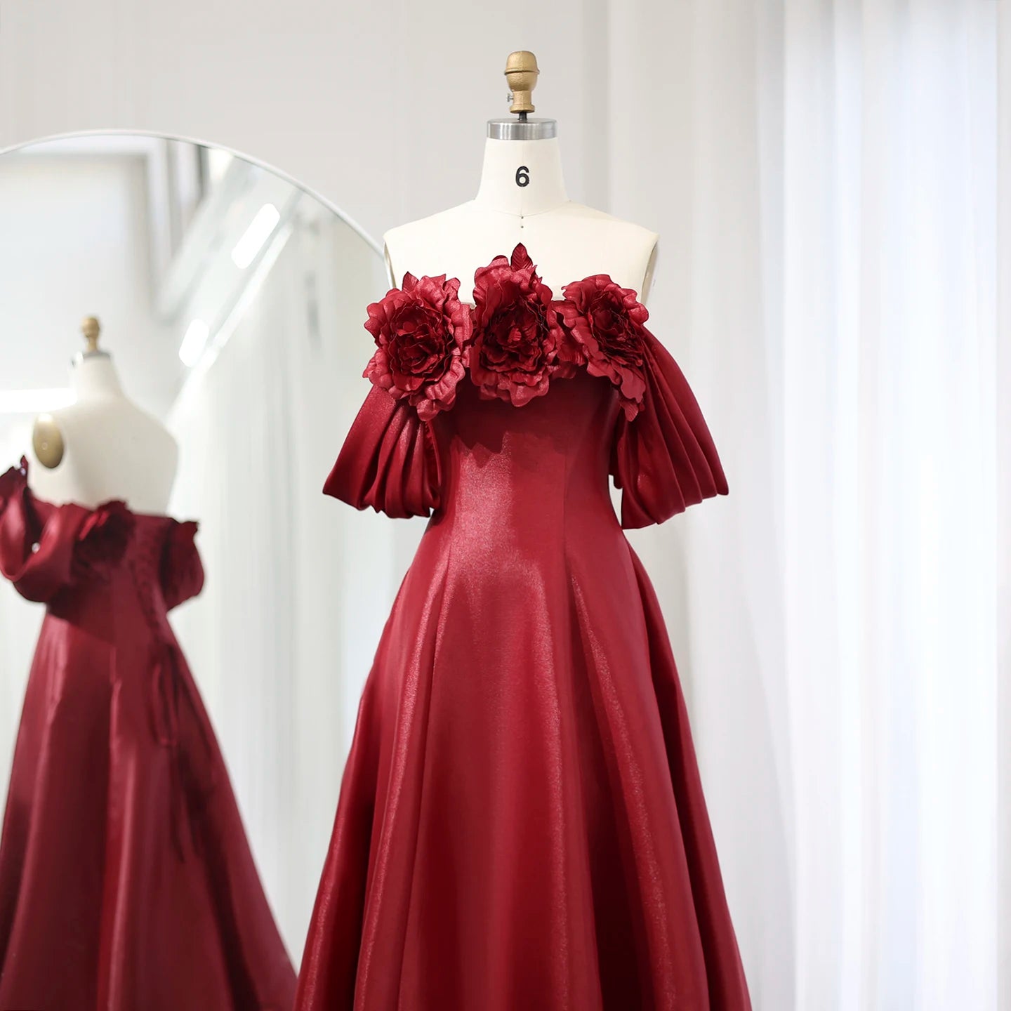 Elegant Burgundy Satin Off Shoulder Evening Dress with 3D Flowers